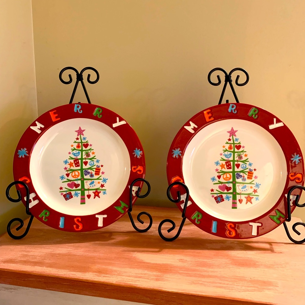 Cracker Barrel "Merry Christmas 8” Plate Christmas Tree Red Green Decor set Of 2